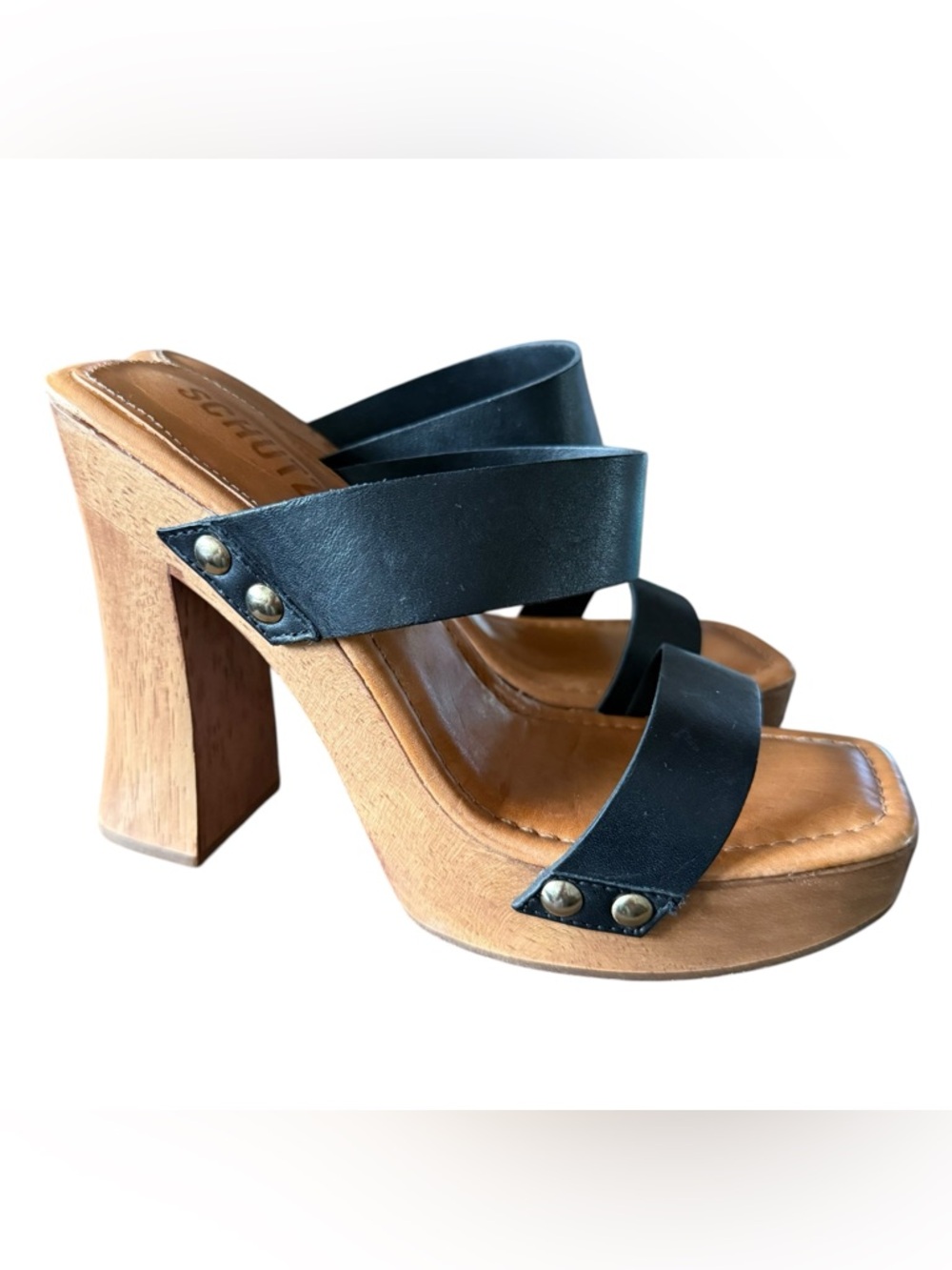 SCHUTZ Aryana leather wooden platform heels size 6.5 Black - Picture 2 of 9